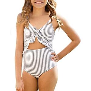 Saodimallsu Girls One Piece Cutout Ruffle Swimsuits Kids Floral High Waisted Tie Front Bathing Suits 150