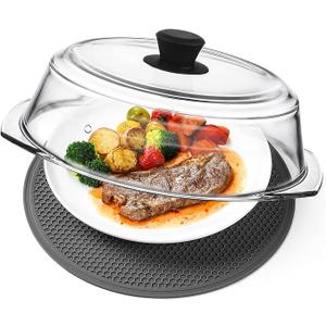 2 in 1, Tall Glass Microwave Splatter Cover for Food & Microwave Place Mat, Plate Splatter Guard Lid with Silicone Handle Knob, Cookware & Bakeware Serving Dish Cover, Food Grade, No Plastic, 10in