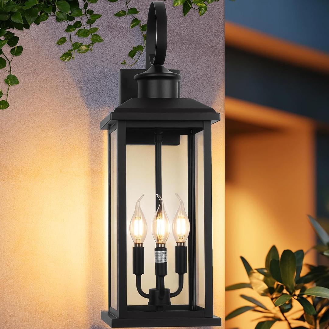 Large Outdoor Wall Light Fixture: 24in Black 3-Light Modern Porch Lantern, Waterproof Exterior Lighting Sconce Wall Mount, Outside Lamp for House Garage E12 Base, 1 PK No Sensor