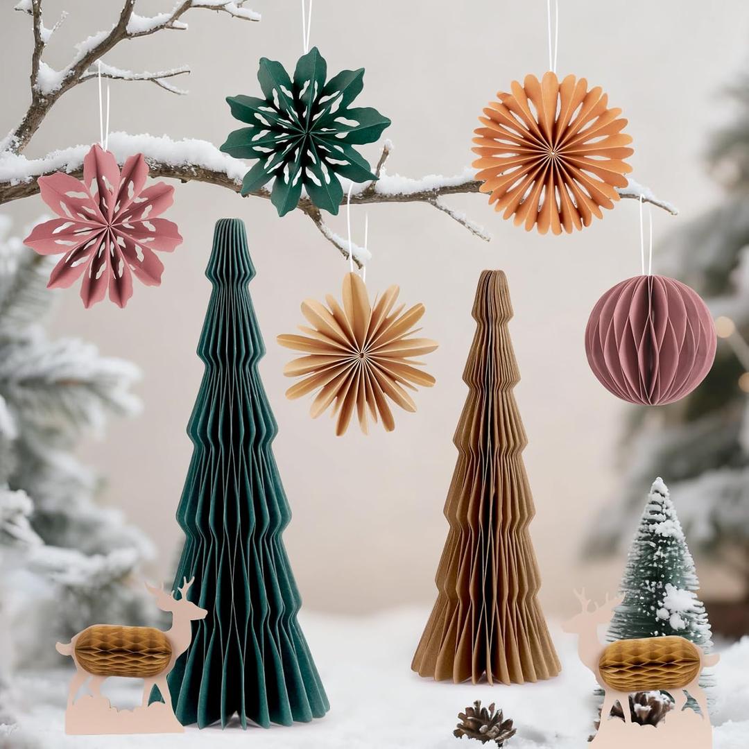 9 Pcs Paper Christmas Tree with Hanging Honeycomb Ornaments, Including 2 Pcs Mini Honeycomb Reindeers, Christmas Honeycomb Decorations for Xmas Home Decor Indoor and Table Centerpiece (Brown&green&pink)