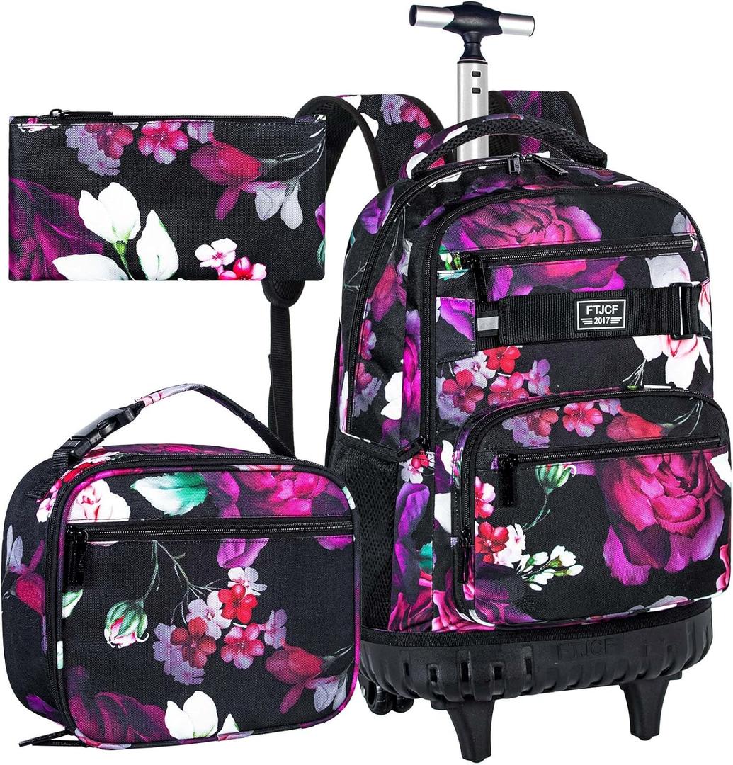 3Pcs Rolling Backpack for Girls, 19 Inche Rose Roller Bag with Wheels, Adults Wheeled Bookbag Set for Women(Black)