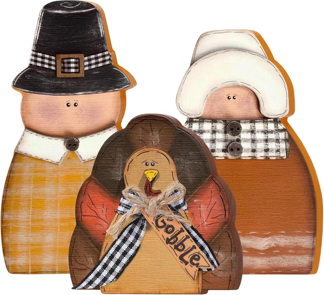 3 Pcs Fall Thanksgiving Decorations Fall Wooden Turkey Pilgrim Couple Table Sign Thanksgiving Standing Tabletop Decor for Autumn Harvest Indoor Tabletop (Cute Turkey)