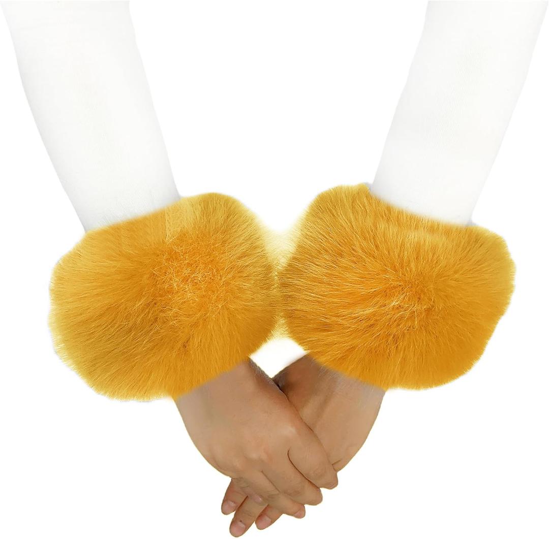 Lina & Lily Women's Winter Wrist Cuffs Warmers Faux Fur Fluffy (Mustard Yellow)