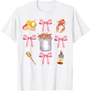 Pink Coquette Bow Cute Crawfish Clean Girl Aesthetic T-Shirt White, XS
