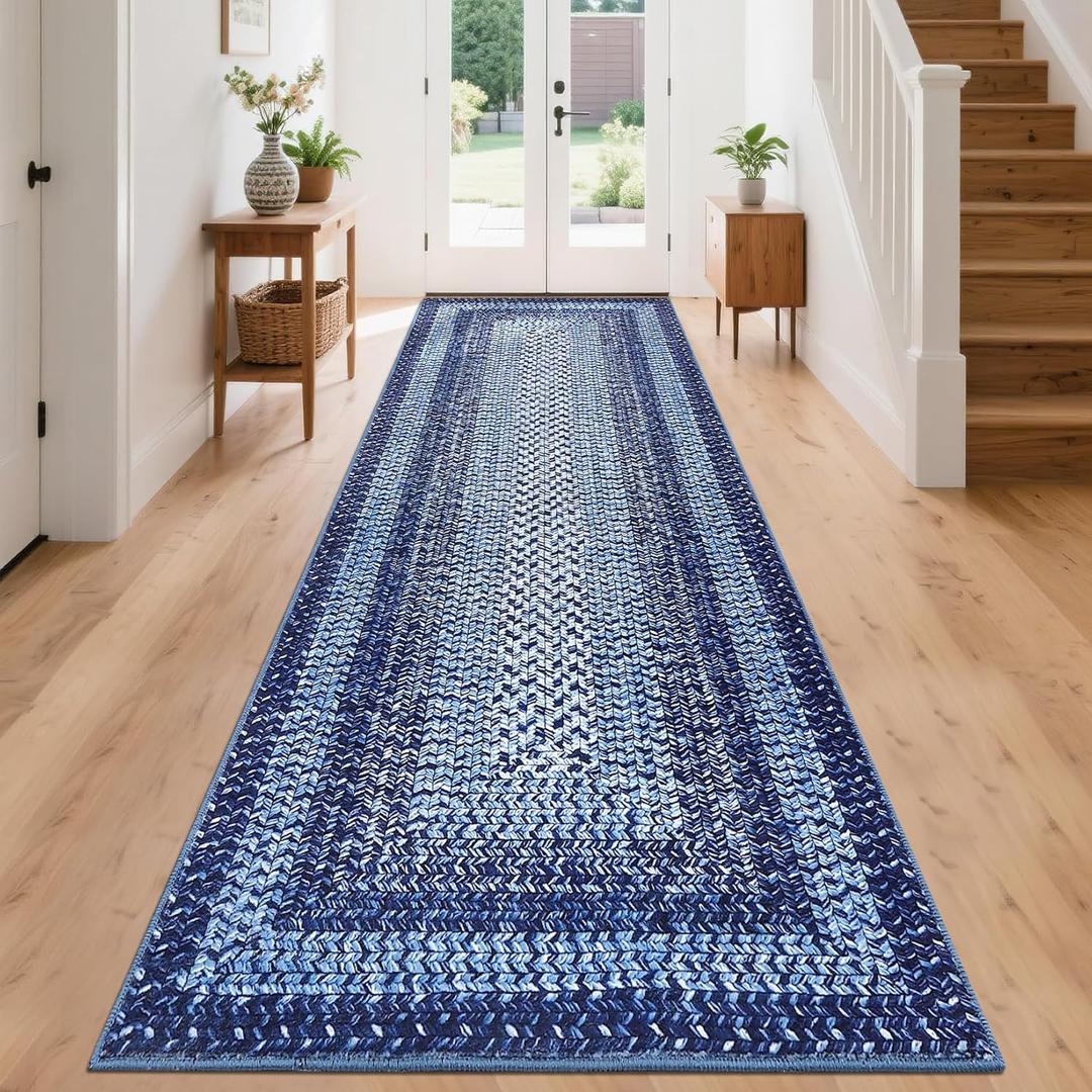 Washable Runner Rug 2x8 Bathroom Rugs Blue Modern Printed Braided Bedroom Rug Non Slip Geometric Area Rug Kitchen Rugs Stain Resistant Carpet for Laundry 2'x8' Navy Blue