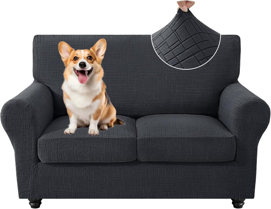 CYCMCAO 3 Piece Stretch Sofa Cover Couch Covers for 2 Cushion Couch, Non Slip Loveseat Covers, Sofa Covers Washable with Elastic Bottom for Kids, Dogs (Charcoal Gray), 55"-69" (2 Cushion Loveseat)