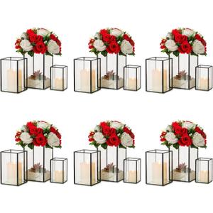 Glass Hurricane Candle Holder Large - Hewory 18pcs Black Rectangle Flower Holders Centerpiece for Table, Tall Floor Square Pillar Candle Lantern for Wedding, Anniversary, Party, Fireplace, Dining Room
