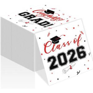 Class of 2026 Graduation Napkins, 3-Ply Disposable Congrats Grad Paper Napkins for Dinner and Cocktail Party Decorations, School and College, 6.5-Inch Square (100, Black Red)