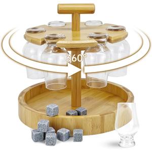 360 Rotating Bamboo Whiskey Glass Rack  Compatible with Glencairn Glasses, 6-Glass Holder with T-Handle and Tray, Premium Lacquered Bamboo Bar Accessory