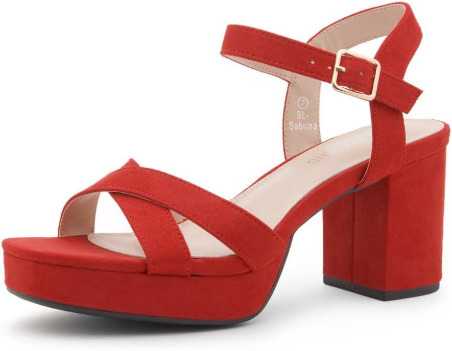 Shoe Land Platform Heels for Women  3 Inch Chunky Block Heeled Sandals, Square Open Toe, Ankle Strap Dressy Strappy High Heels for Wedding, Party & Evening Events (8.5, Red)