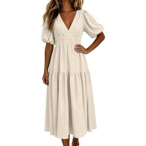 Puff Sleeve Cinched Waist Dress for Womens V-Neck A-Line Flowy Dresses | Dresses With Sleeves White Flowy Dress Short Sleeve For Women Blue Summer Wedding Guest A-Line Bohemian Midi Casual Shirt, Beige XXL