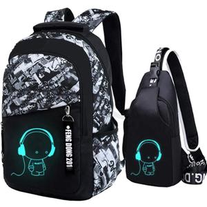 Asge School Backpack for Boys Print Backpack Teenagers Nylon Large School Bag Outdoor Reflective Daypack, Medium