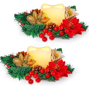2 Set Christmas Centerpiece Table Decorations Flameless Tea Lights Candles with Red Poinsettia Candle Holders Pinecones Berry Candleholders for Christmas Tabletop Decor(Multi Color)