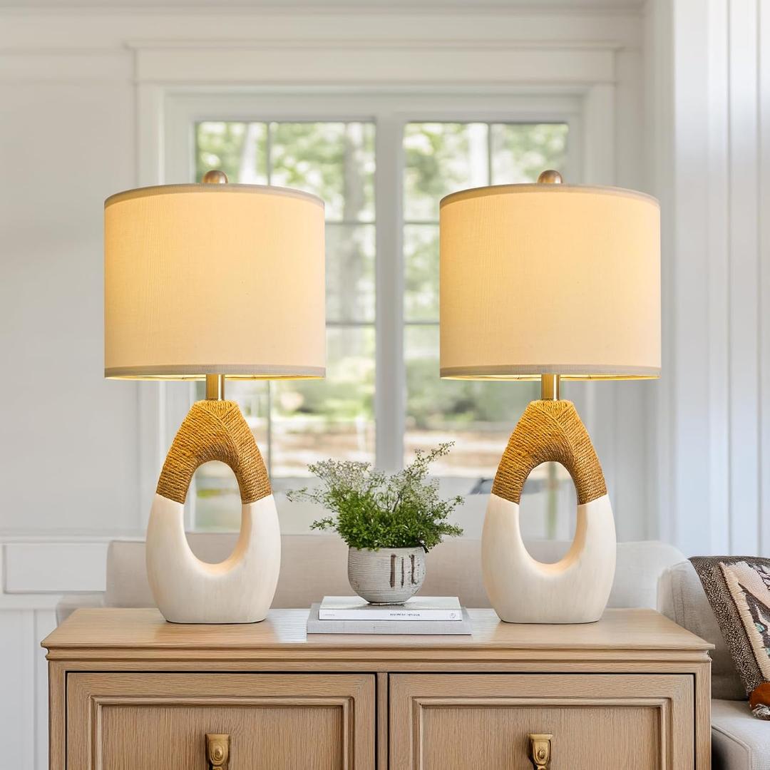 OYEARS 22 Boho Table Lamps for Bedroom Living Room Upgraded Set of 2 Medium Farmhouse Rattan Table Lamps, Rustic Home Decoration Nightstand Bedside Lamp for Office (Not Include Bulbs)