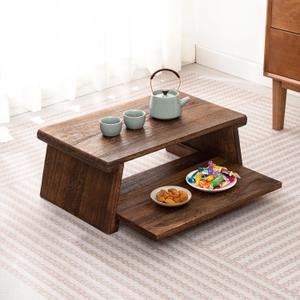 Japanese Altar Table, Vintage Black Minimalist Low Coffee Table, Foldable Wooden Tea Table for Living Room, Tatami and Meditation (Minimalist, Rustic Black, 19.7" Length)