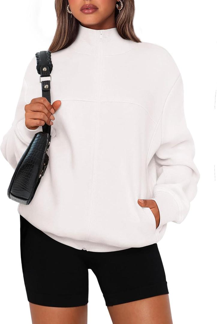 PRETTYGARDEN Women's 2025 Spring Fall Fashion Full Zip Up Sweatshirt Long Sleeve Loose Fit Trendy Casual Jacket with Pockets (White, S)