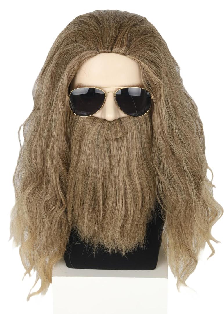 Topcosplay Mens Wigs and Beard Ash Blonde Long Curly Cosplay Halloween Costume Funny Wig (Brown)