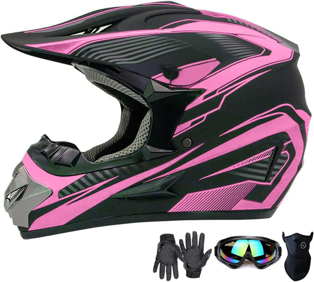 Motocross Helmet,Adult &Youth Trend Full Face Helmet,ATV Motorcycle Helmet,Dirt Bike Downhill Off-Road Mountain Bike Helmet,DOT Certified,4-Piece Set (Pink, XL)