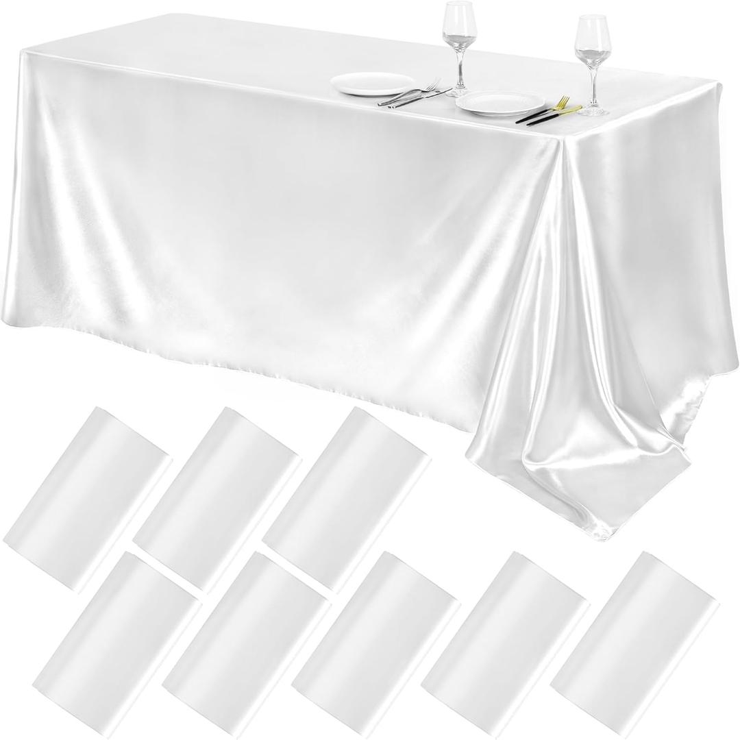 TURSTIN 8 Packs White Satin Tablecloth 102 x 58 Inch Overlay Satin Table Cover Rectangle Bright Silk Tablecloth Smooth Fabric Table Decoration for Wedding Banquet Party Events