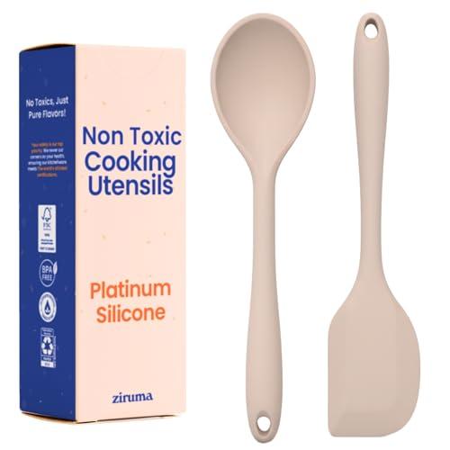 Non-Toxic Platinum Silicone Kitchen Utensil Set of 2 – Non-Scratch Cooking Spoon & Spatula, 100% Plastic Free, Stainless Steel Core, Heat Resistant 500°F, Beige
