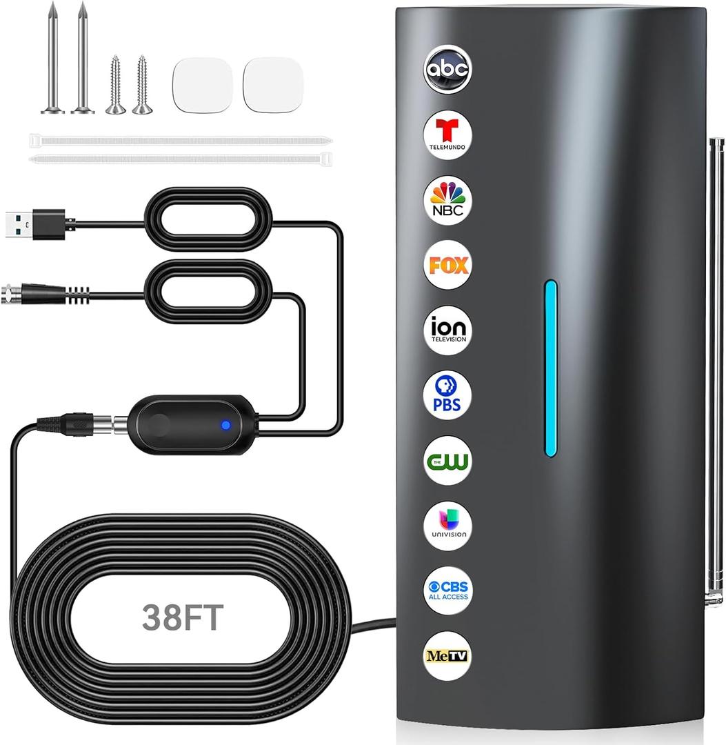 2025 Strongest TV Antenna, 2200+ Miles Range Digital Antenna for Smart TV Indoor/Outdoor with Amplifier, Long Range 360 Reception HD Local Channels Supports 8K, 4K for All TVs - 38ft Coax Cable (Black)