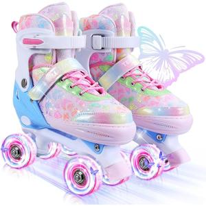 Kids Roller Skates, 4 Size Adjustable Quad Skates with All Light Up Wheels, 10C to 8 Rollerskates for Toddlers, Beginners, Boys, Girls, Outdoor, Indoor, Pink, Medium