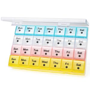 FHORAIN Monthly Pill Organizer 28 Day, 4 Weeks Pill Box 7 Day, XL Weekly Medicine Organizer for Vitamins, Fish Oil, Supplements (Multicolor) (Blue-white-pink-yellow)