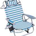 Portable Beach Chair for Adults, Outdoor Camping Chair Lay Flat Folding Backpack Beach Reclining Chair with 4 Positions, Headrest, Cooler Pouch, Cup Holder, White Striped