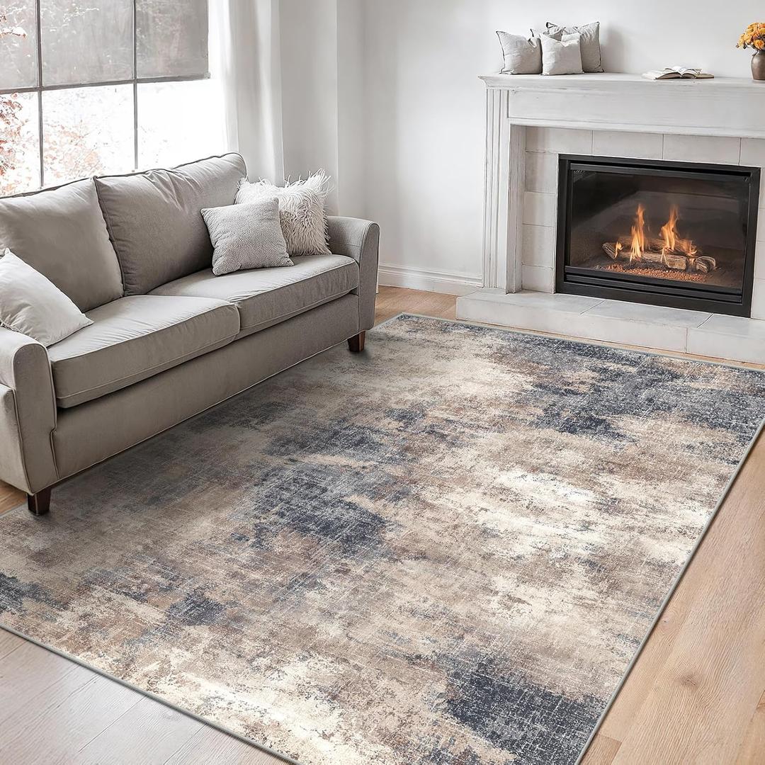 6x9 Area Rugs for Living Room, Modern Abstract Washable Rug with Non-Slip Backing & Low Pile Indoor Carpet for Nursery Room, Bedroom and Dinning Room, Brown