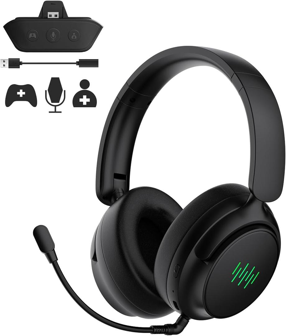 INGA Wireless Gaming Headset for Xbox Series X|S, Xbox One, PC, PS5/4, Mac, Nintendo Switch, Game/Chat Balance, 2.4GHz/Bluetooth 5.2, ENC Microphone & 7.1 Surround Sound (Green LED) (Black)