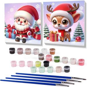 2 Pack Christmas Paint by Numbers for Kids with framed, DIY Cute Cartoon Christmas Kids Paint by Number Kits on Canvas, Arcrylic Easy Paint by Number for Kid and Adults Home Wall Decor 7.8x7.8Inch