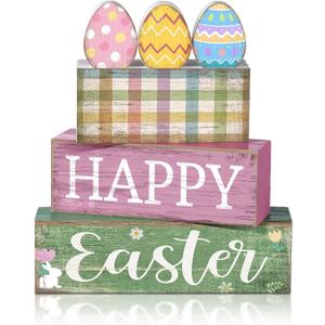 Lineshading 4 Pcs Easter Table Decoration Wooden Pastel Eggs - No Assembly Required Reusable Happy Easter Tiered Tray Decor, Perfect for Home Kitchen Party Farmhouse Centerpieces & Holy Week Gift
