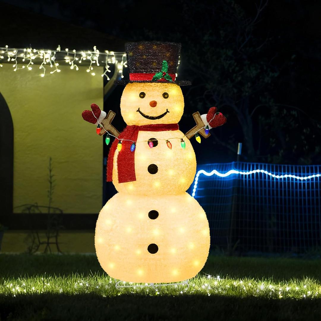 5ft Lighted Pop-Up Snowman, Large Outdoor Christmas Snowman Decoration with 200 LED Lights, Hat, Scarf, Multicolored Lights, for Christmas Yard and Outdoor Display (Batteries Not Included)