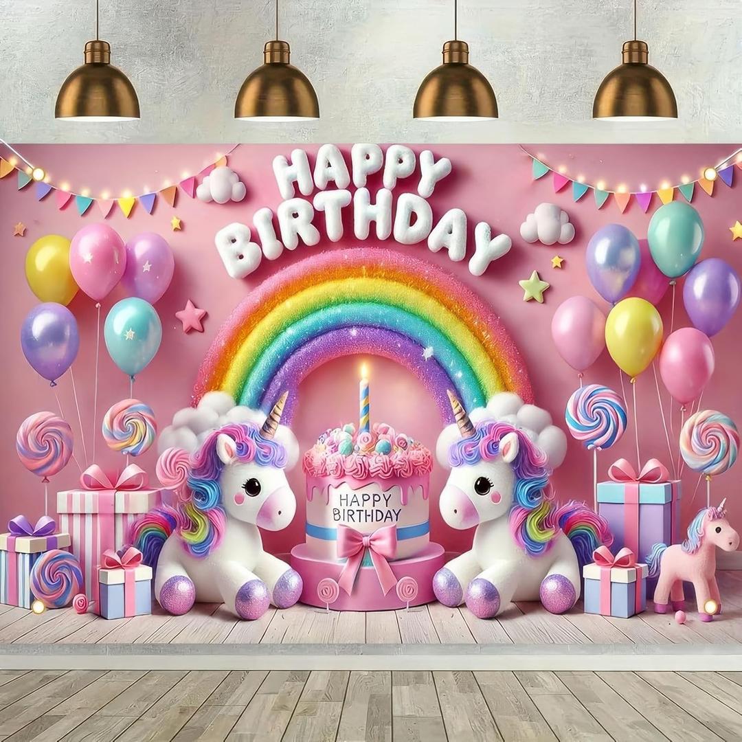 Happy Birthday Banner Unicorn Birthday Backdrop Rainbow Balloons Girls Party Photography Background Unicorn Photo Booth Props Decorations for Kids Newborn Baby Shower Decor