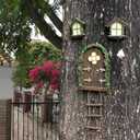 Fairy Garden Decor Fairy Door and Windows for Trees, Glow in The Dark Yard Sculpture Lawn Ornament Mini Garden Art Outdoor Decor Accessories with Lantern (C)