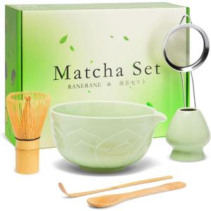 Matcha Whisk Set, Lotus Green Ceramic Matcha Set Includes Matcha Bowl, Matcha Whisk (Chasen) and Holder, Sifter, Bamboo Scoop & Spoon - 6 Pcs Matcha Kit for Matcha Lovers