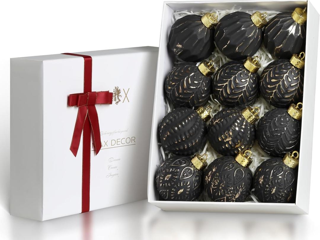 Black and Gold Rustic Christmas Ball Ornaments, 3.15 inches Vintage Christmas Tree Decorations, 12 PCS Large Shatterproof Neutral Farmhouse Luxury Xmas Ornaments for Christmas Tree, Home Decor