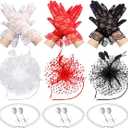 Moucuny 12 Pcs Fascinators Hat Set for Women Tea Party Accessories Tea Party Headband Lace Gloves Pearl Jewelry Set Cocktail Wedding