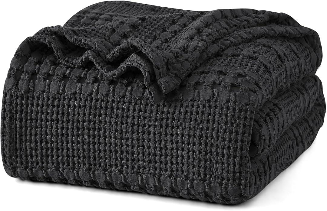 PHF 100% Cotton Waffle Weave Blanket Queen Size, Soft Lightweight Breathable Cozy Summer Blankets for Bed, Luxury Aesthetic Woven Bedding for Home Decor, 90"x90", Black (Queen(90"x90"))