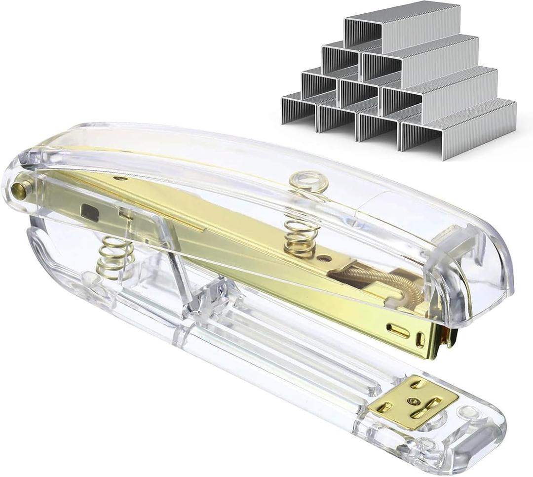 Clear Acrylic Stapler with 1000 Standard 1/4" Staples, Modern Gold Metal Office Desk Stapler, Stylish Transparent Heavy-Duty Design for Desktop Decor, Home, School, Business & Classroom Supplies