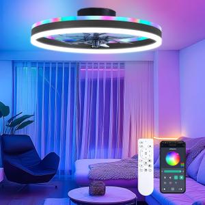 RGB Ceiling Fans with Lights, 20" Fandelier Low Profile Ceiling Fan with Light, Modern Flush Mount Ceiling Fan Light with Remote/APP Control, Bedroom Chandelier Fan Fixture for Indoor (Black)