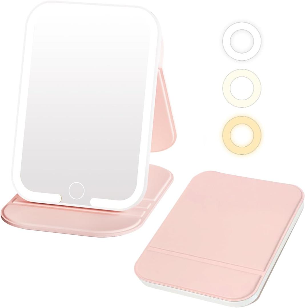 Upgraded Lighted Travel Makeup Mirror, 72 LEDs Portable Mirror with Lights, 3 Color Travel Mirror with Light, Touch Screen, Dimmable, Rechargeable, Angle Adjustable with Non-Slip Base, Pink