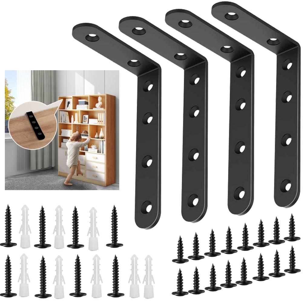 Anti Tip Furniture Anchors for Baby Pet Proofing, Furniture Wall Anchor Furniture Dresser Bookshelf Falling Prevention Device for Children (Black)