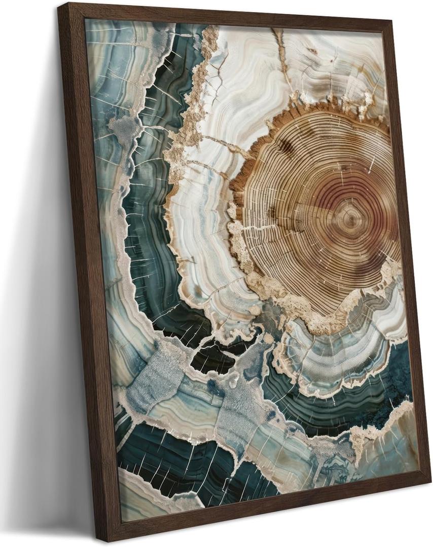 Abstract Nature Framed Wall Art, Modern Boho Tree Ring Canvas Prints for Living Room Decor, Rustic Wood Slice Painting in Wood Frame, Colorful Agate Picture for Bedroom Office 16x24 inch