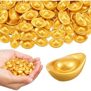 Hollowfly 60 Pcs Mini Ingot Yuan Bao Decor Mini Chinese Feng Shui Figurine Collectibles Chinese Coins Gold Ingot Feng Shui Lucky Yuan Bao Decor Good Luck Fortune Coin for Chinese New Year Craft Decor