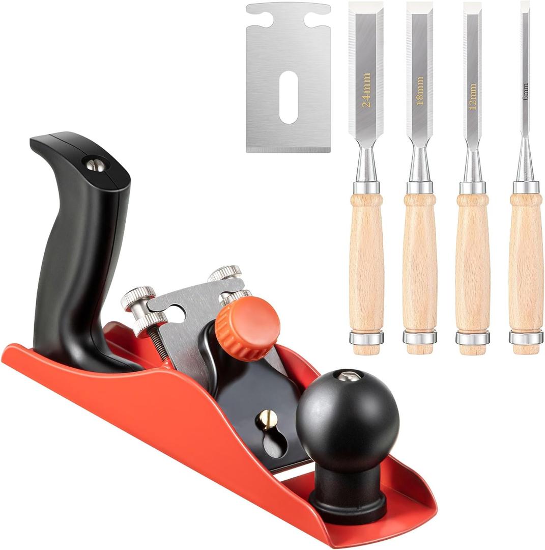 Dreyoo 1Pack No. 4 Adjustable Wooden Hand Plane with 2 Inch Blade & 4PCs 9.5in Wood Chisel for Woodworking with Cap, CR V Steel Beveled Edge Blade Chisel, Professional Carpenter Tools for Woodworking