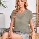 Cakulo Summer Crochet Tops for Women 2025 Short Sleeve V Neck Hollow Out Knit Beach Cover Up Casual Sweater Top (X-Large, Light Green)
