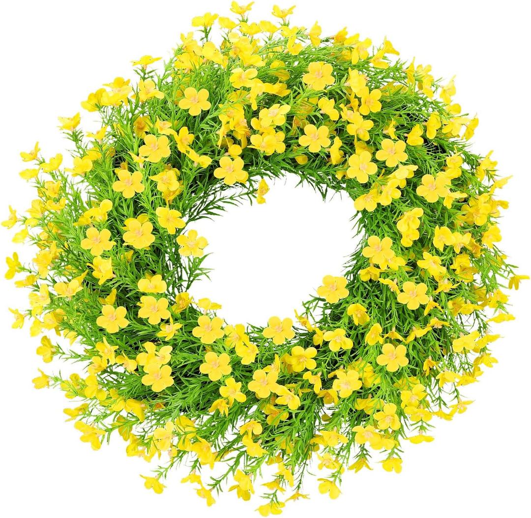 24 Inch Yellow Artificial Forsythia Silk Front Door Wreath | Bright yellow silk flower summer wreath, decor for wall, farmhouse indoor & outdoor home decoration
