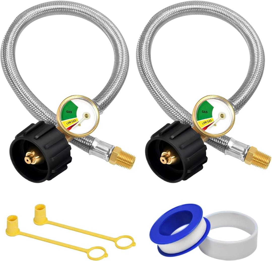 ABYDA 12 Inch RV Propane Hoses with Gauge 2 Pack, Stainless Steel Braided Camper Tank Hose, RV Propane Hose for Standard Two-Stage Regulator, 40Lb 250PSI, 1/4" Male NPT/QCC1 Type1 Inlet