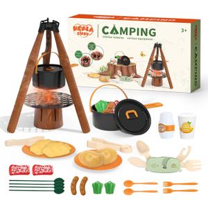 Kids Camping Toy Set, Pretend Play Cooking Set with Spray Stove, Food Toys, Tableware, Outdoor Toddler Campfire Toys for Ages 3+